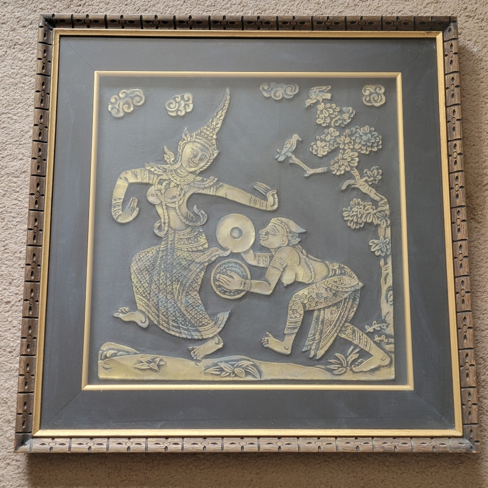 Vintage 70s Temple Rubbing Mid Century Framed Asian Art 24x25in